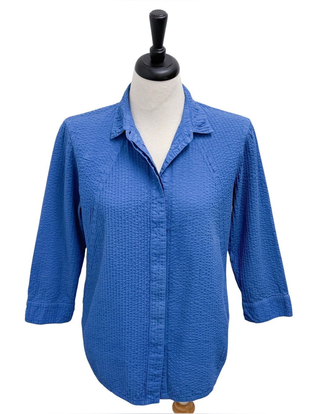 Yacco Maricard Blue Pin Tuck Stripe 3/4 Sleeve Button Up Collared Shirt 2 Medium